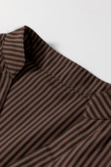 Brown Stripe V Neck Roll Up Sleeve Pocket Patched Classic Shirt Blouses & Shirts JT's Designer Fashion