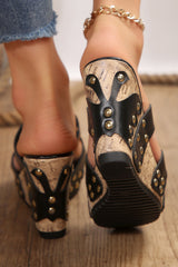 Black Hollowed Leather Rivet Wedge Slippers Sandals JT's Designer Fashion