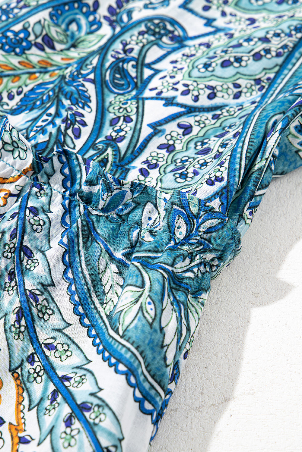 Blue Bohemian Paisley Floral V Neck Short Sleeve Mini Dress Floral Dresses JT's Designer Fashion