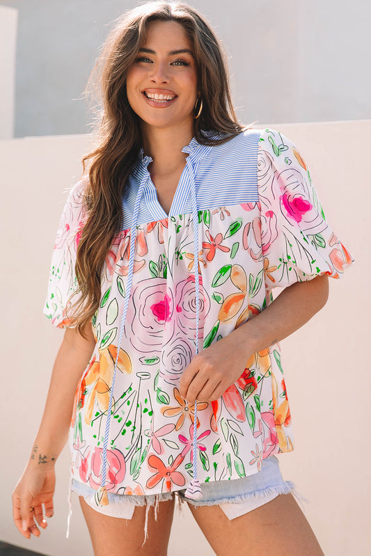 Multicolour Floral Print Striped Yoke Frilled V Neck Puff Short Sleeve Blouse Multicolour 100%Polyester Blouses & Shirts JT's Designer Fashion