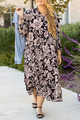 Black Plus Size Floral Printed Puff Sleeve Collared Maxi Dress Plus Size Maxi Dresses JT's Designer Fashion