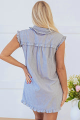 Blue Stripe Frilled Sleeveless Collar Front Pocket Button Up Mini Dress Mini Dresses JT's Designer Fashion