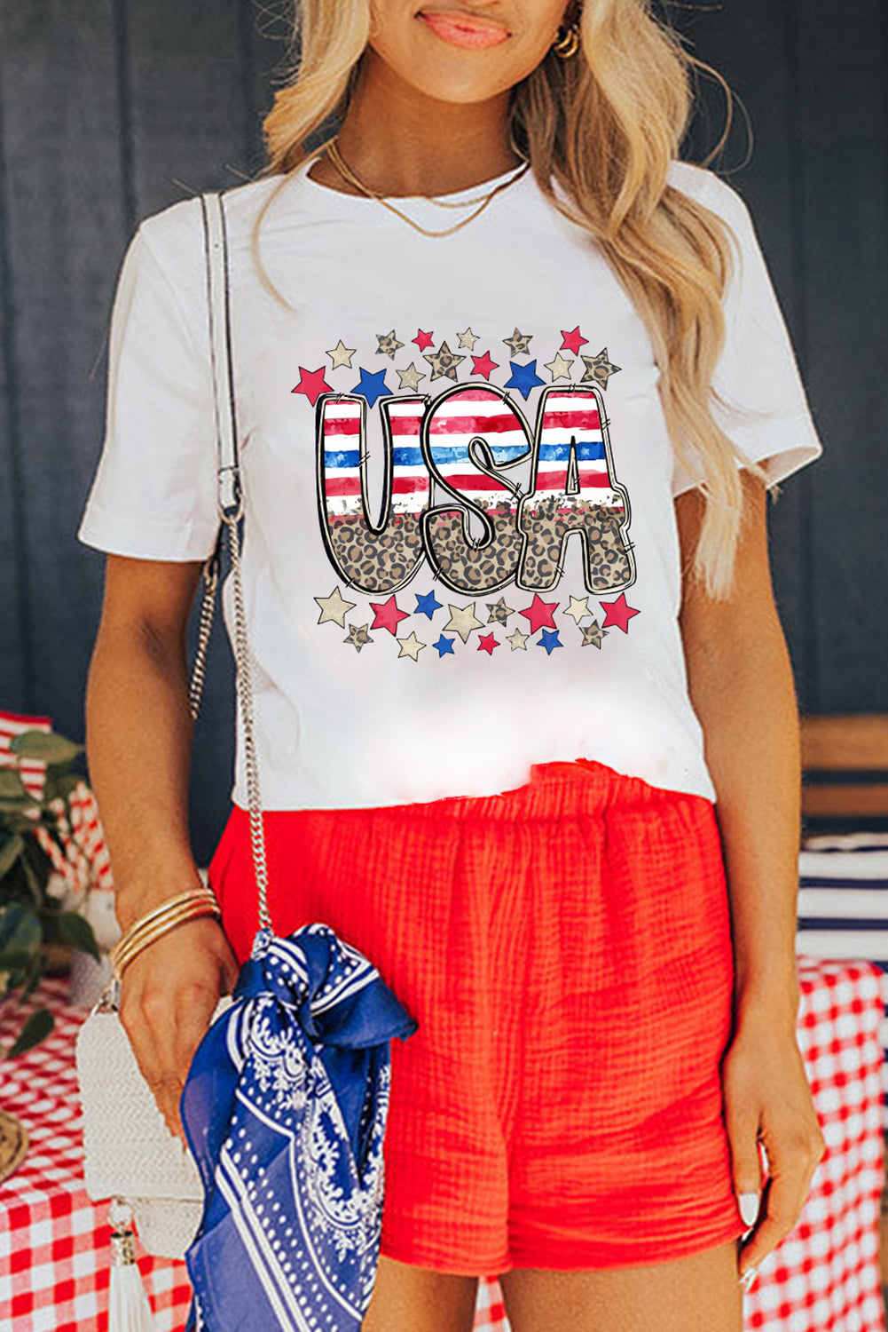 White Patriotic Star Leopard USA Letter Graphic T Shirt Graphic Tees JT's Designer Fashion