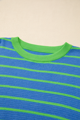 Sky Blue Stripe Trimmed Round Neck Drop Shoulder Loose Sweater Sweaters JT's Designer Fashion