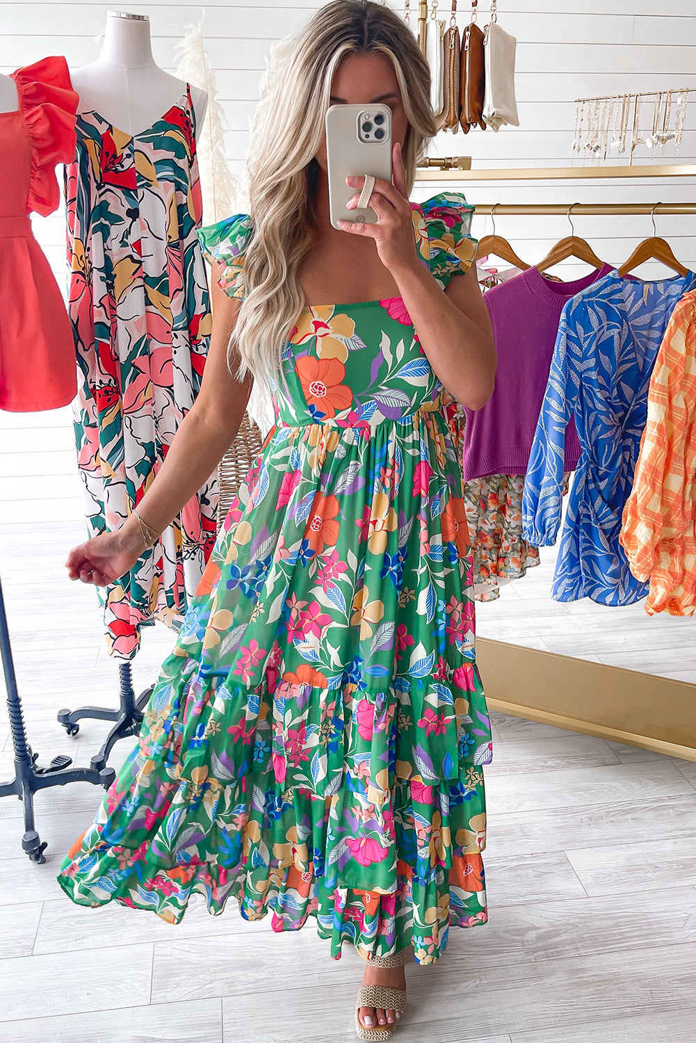 Green Floral Print Sleeveless Ruffle Tiered Maxi Dress Floral Dresses JT's Designer Fashion