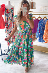 Green Floral Print Sleeveless Ruffle Tiered Maxi Dress Floral Dresses JT's Designer Fashion