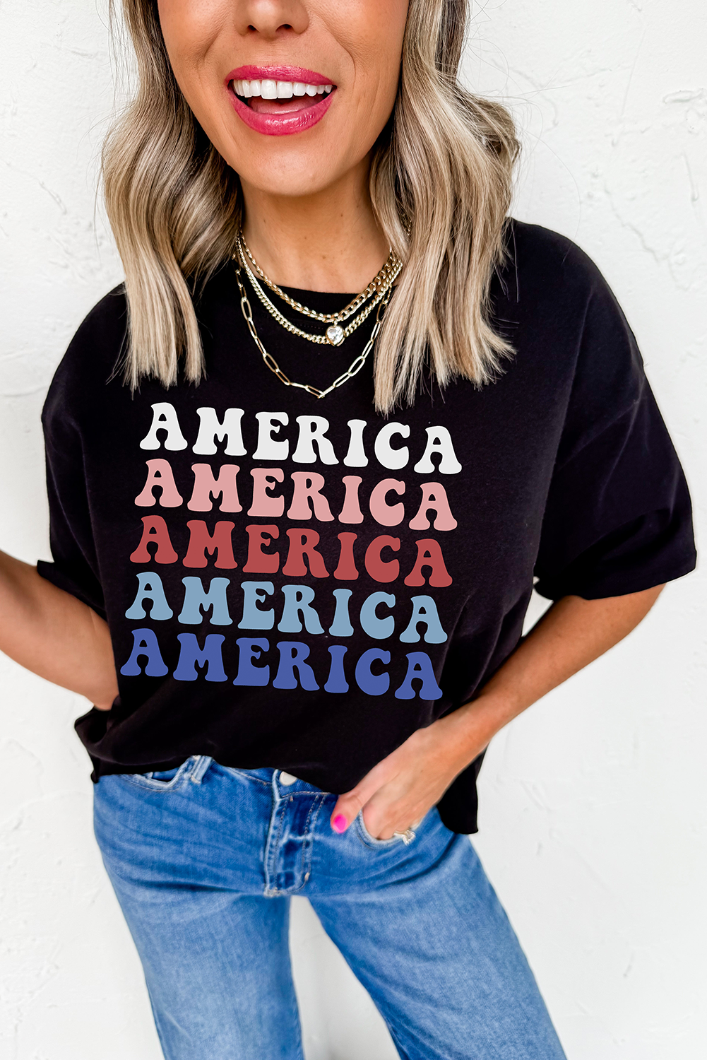 Black Colorful AMERICA Print Crewneck Patriotic T Shirt Graphic Tees JT's Designer Fashion
