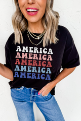 Black Colorful AMERICA Print Crewneck Patriotic T Shirt Graphic Tees JT's Designer Fashion