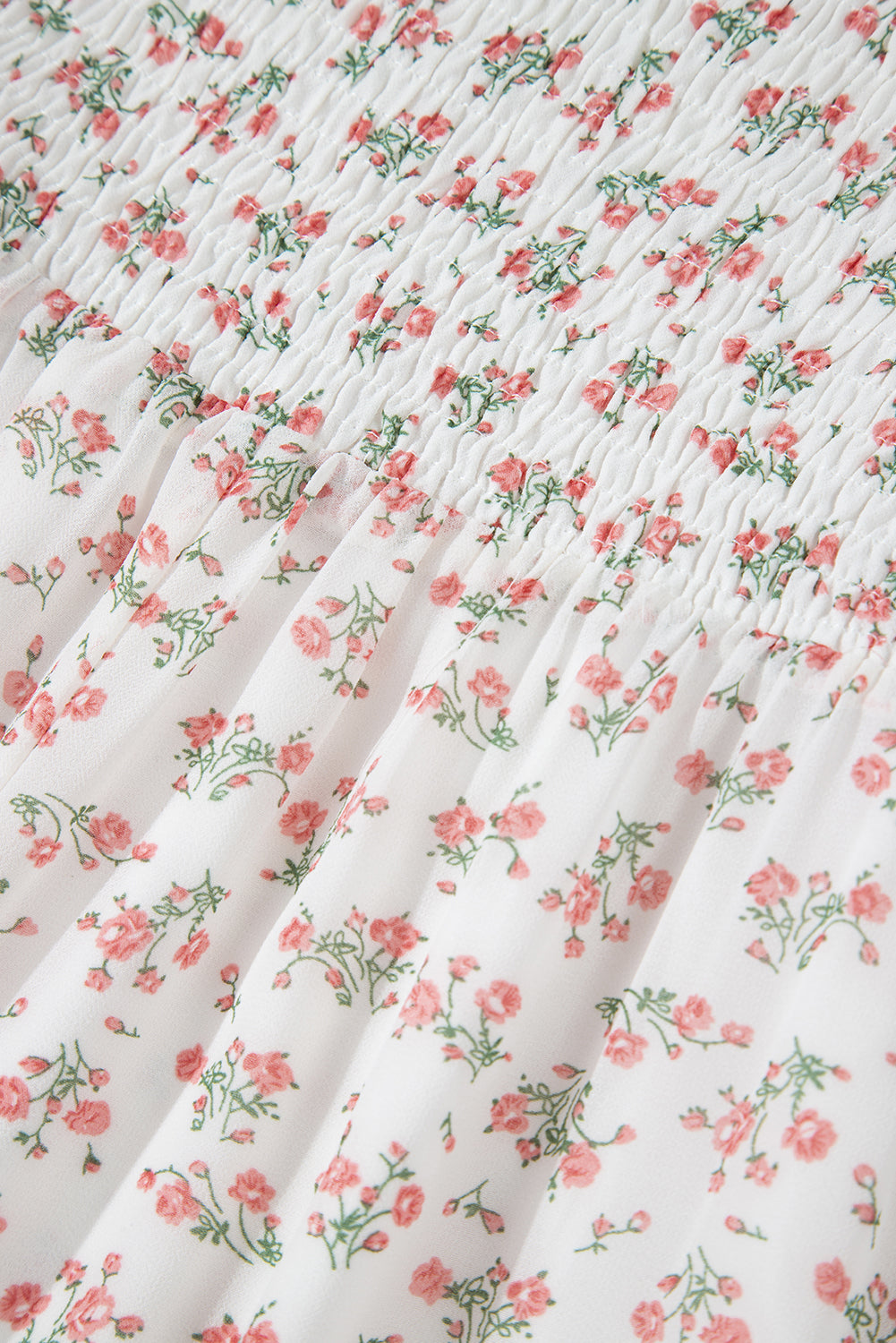 White Floral Print Shirred Ruffled Hem Square Neck Midi Dress Floral Dresses JT's Designer Fashion