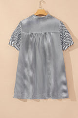 Black Stripe Short Sleeve Buttoned V Neck Pocketed Plus Size Mini Dress Plus Size Mini Dresses JT's Designer Fashion