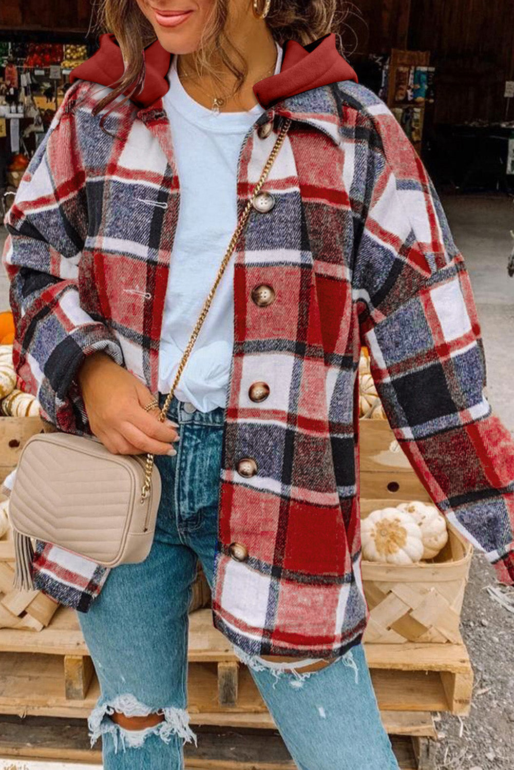 Fiery Red Hooded Plaid Button Front Shacket Red 100%Polyester Plaid Shackets JT's Designer Fashion