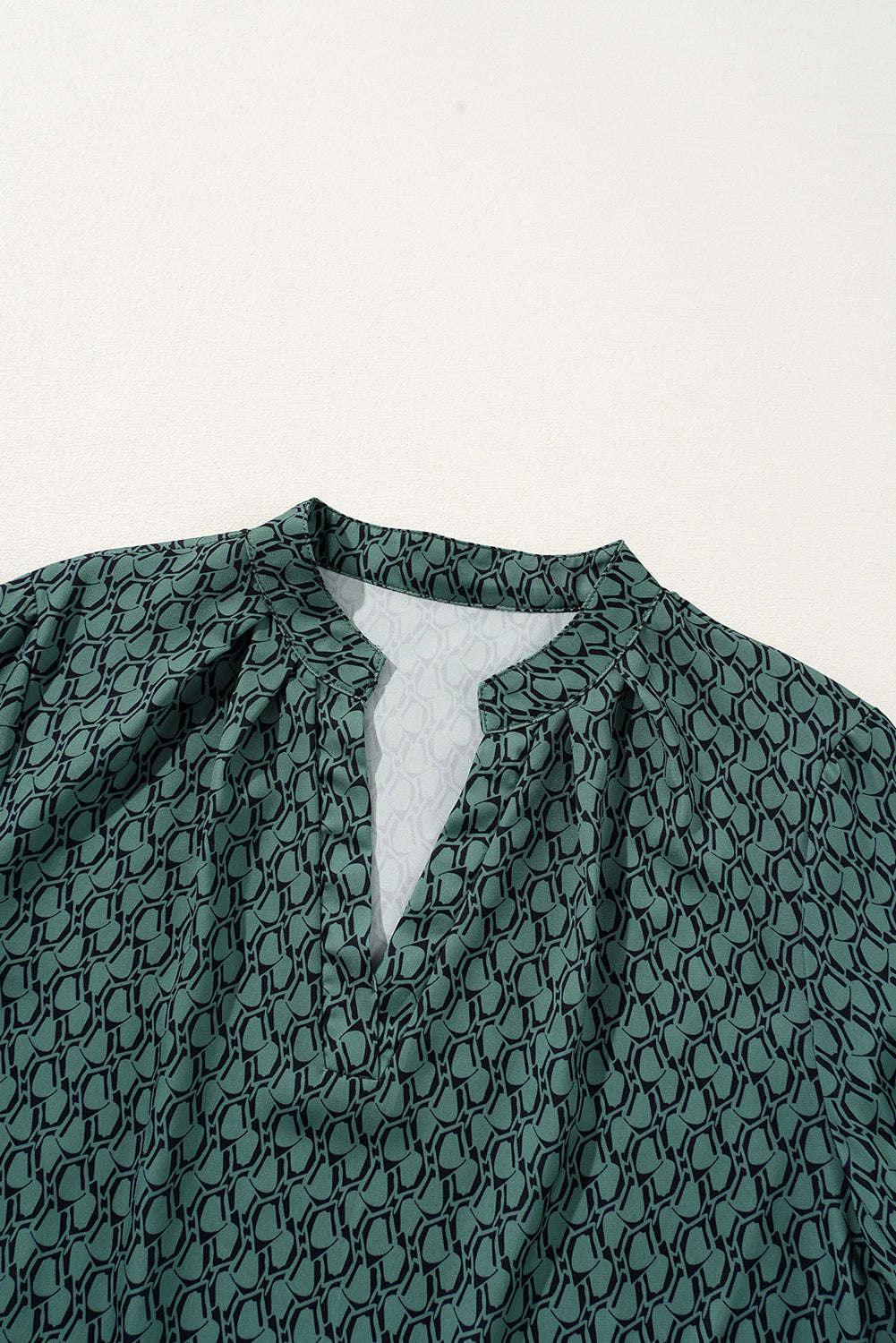 Green Geometric Print Notched Neck Puff Sleeve Blouse Blouses & Shirts JT's Designer Fashion
