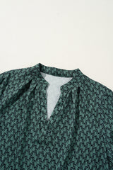 Green Geometric Print Notched Neck Puff Sleeve Blouse Blouses & Shirts JT's Designer Fashion