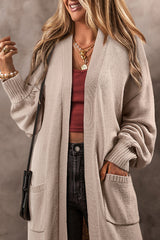 Beige Side Pockets Open Front Long Knitted Cardigan Cardigans JT's Designer Fashion
