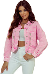 Pink Rivet Studded Pocketed Denim Jacket Denim Jackets JT's Designer Fashion