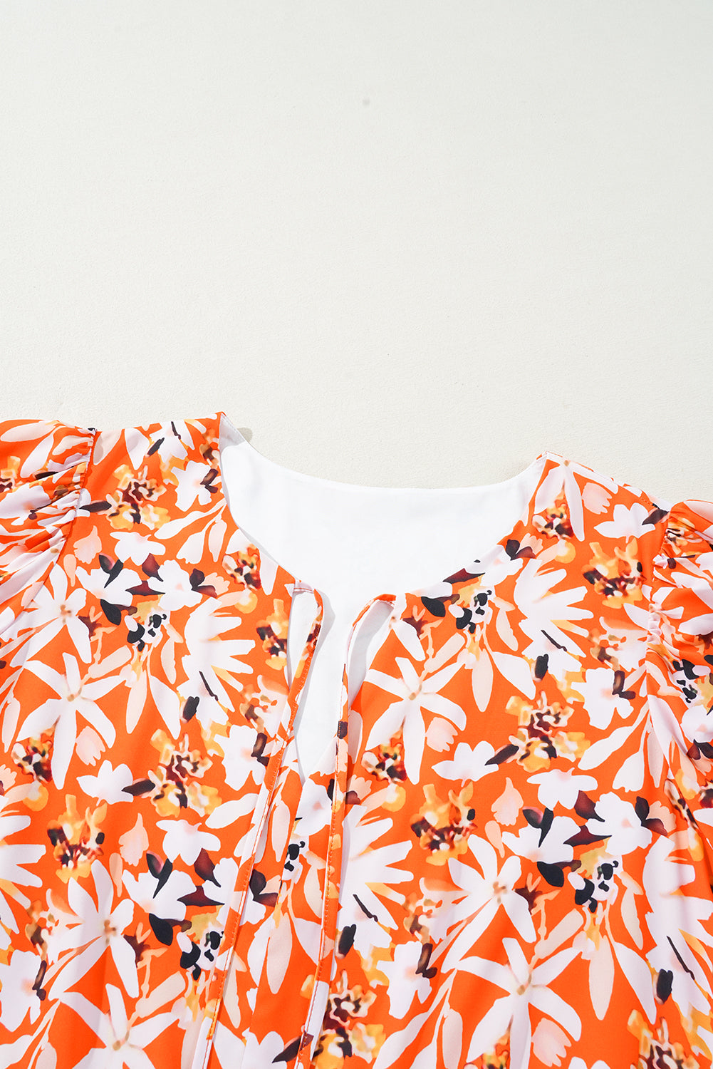 Orange Floral Print Split V Neck Bubble Sleeve Plus Size Midi Dress Plus Size Midi Dresses JT's Designer Fashion
