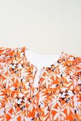 Orange Floral Print Split V Neck Bubble Sleeve Plus Size Midi Dress Plus Size Midi Dresses JT's Designer Fashion