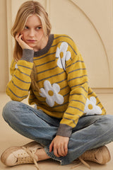 Yellow Stripe Daisy Floral Knitted Round Neck Sweater Sweaters JT's Designer Fashion