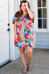 Multicolour Plus Size Leafy Print Split Neck Short Sleeve Shift Dress Plus Size Mini Dresses JT's Designer Fashion