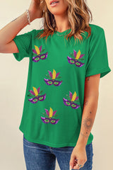 Bright Green Sequin Mardi Gras Mask Patched Pattern Crewneck Tee Graphic Tees JT's Designer Fashion