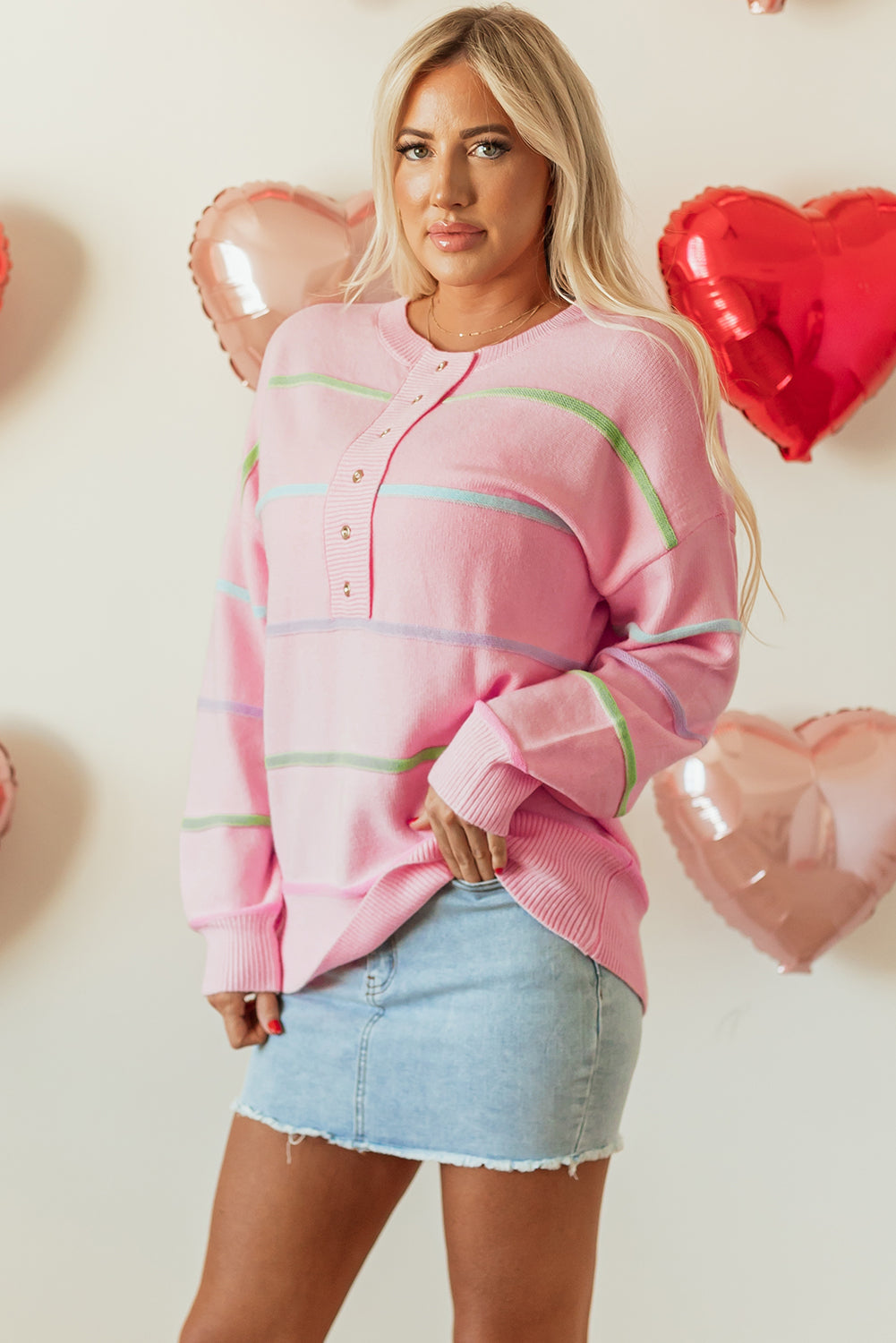 Pink Rainbow Stripes Drop Shoulder Baggy Henley Sweater Sweaters JT's Designer Fashion