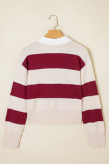 Brown Ribbed Trim Color Block Knitted Polo Collar Sweater Sweaters JT's Designer Fashion