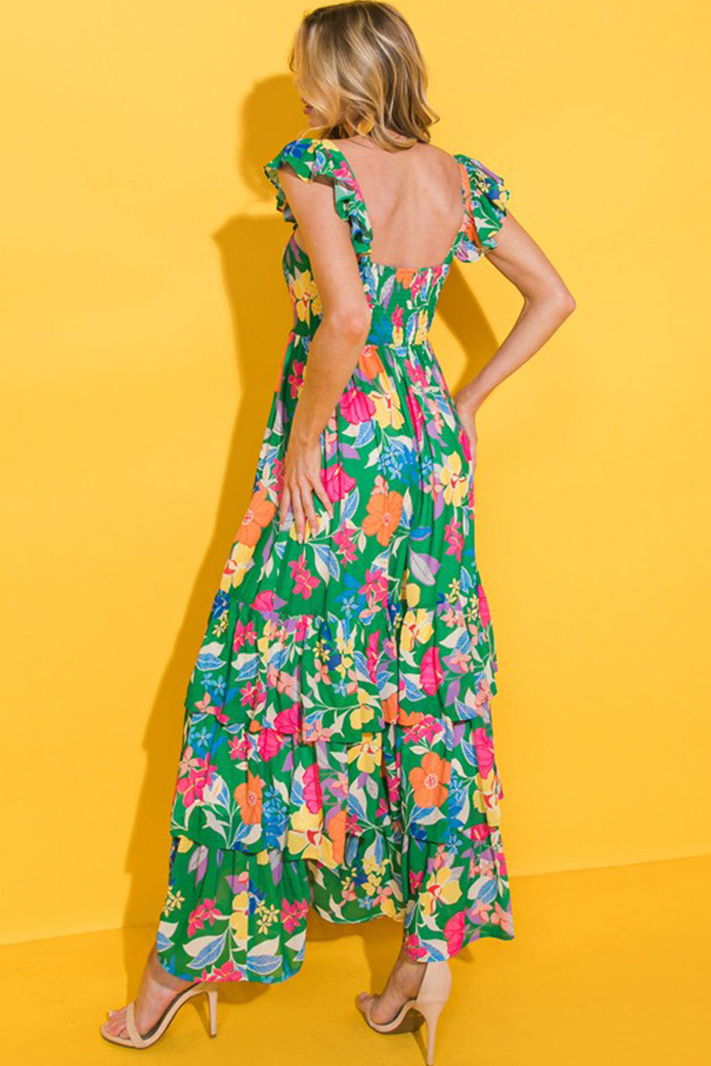 Green Floral Print Sleeveless Ruffle Tiered Maxi Dress Floral Dresses JT's Designer Fashion