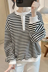 White Stripe Color Block Buttoned Crew Neck Oversized Sweatshirt Sweatshirts & Hoodies JT's Designer Fashion