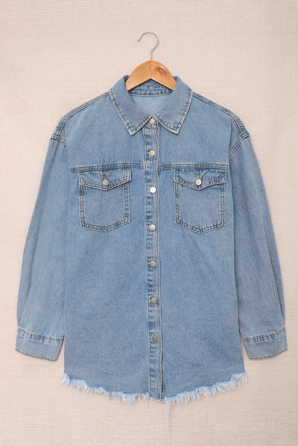 Sky Blue Pocket Raw Hem Buttoned Denim Jacket Denim Jackets JT's Designer Fashion