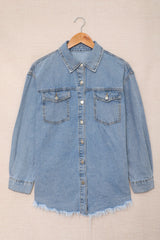 Sky Blue Pocket Raw Hem Buttoned Denim Jacket Denim Jackets JT's Designer Fashion