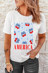 White Bow Cherry AMERICA Graphic Crewneck Patriotic T Shirt Graphic Tees JT's Designer Fashion