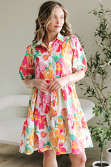 Pink Floral Puff Sleeve Collar Buttoned Babydoll Dress Floral Dresses JT's Designer Fashion