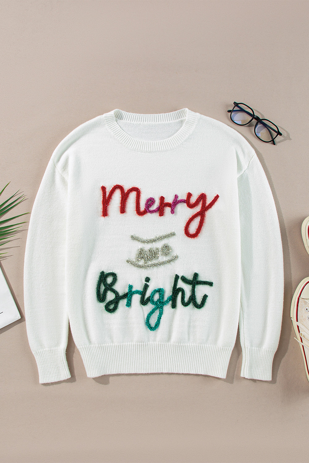 White Tinsel Merry and Bright Graphic Christmas Sweater Sweaters JT's Designer Fashion
