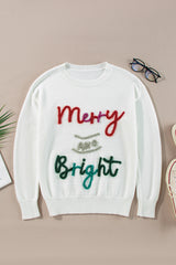 White Tinsel Merry and Bright Graphic Christmas Sweater Sweaters JT's Designer Fashion