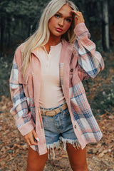 Light Pink Plaid Corduroy Patchwork Chest Pocket Shacket Plaid Shackets JT's Designer Fashion