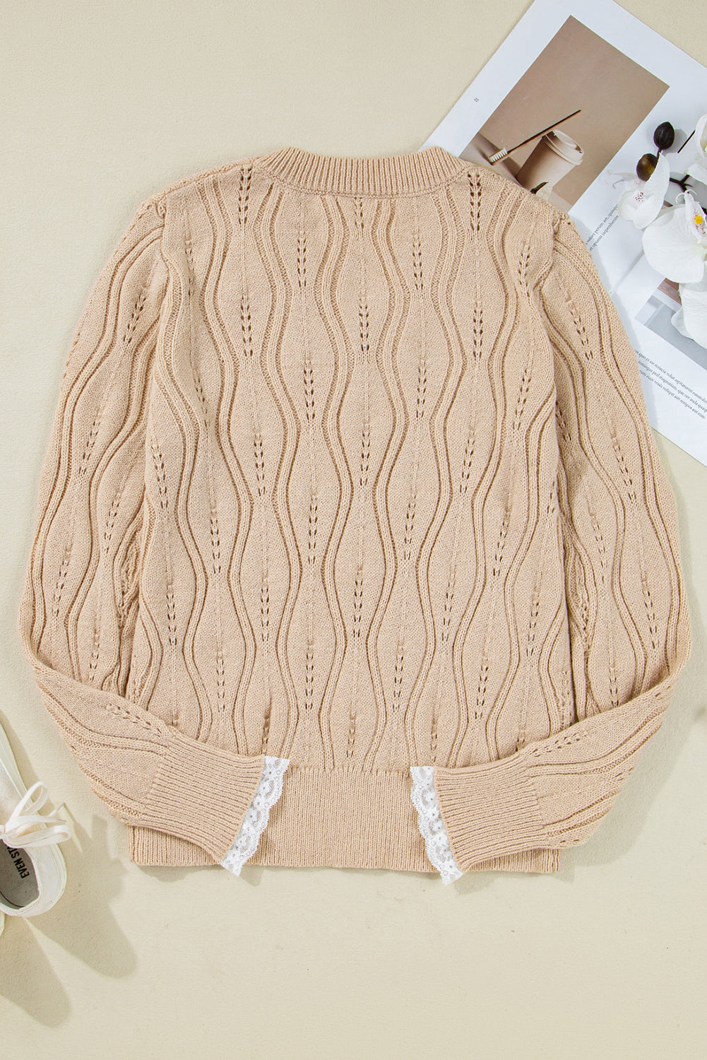 Smoke Gray Pearl Beaded Pointelle Knit V Neck Lace Patchwork Sleeve Sweater Sweaters JT's Designer Fashion