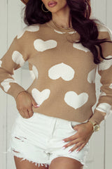 Khaki Contrast Heart Pattern Round Neck Sweater Khaki 50%Viscose+28%Polyester+22%Polyamide Sweaters JT's Designer Fashion