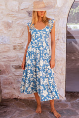 Sky Blue Floral U Neck Flutter Shoulder Tiered Flowy Midi Dress Floral Dresses JT's Designer Fashion
