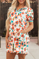 Orange Contrast Trim Floral Split Neck Puff Short Sleeve Tiered Mini Dress Floral Dresses JT's Designer Fashion