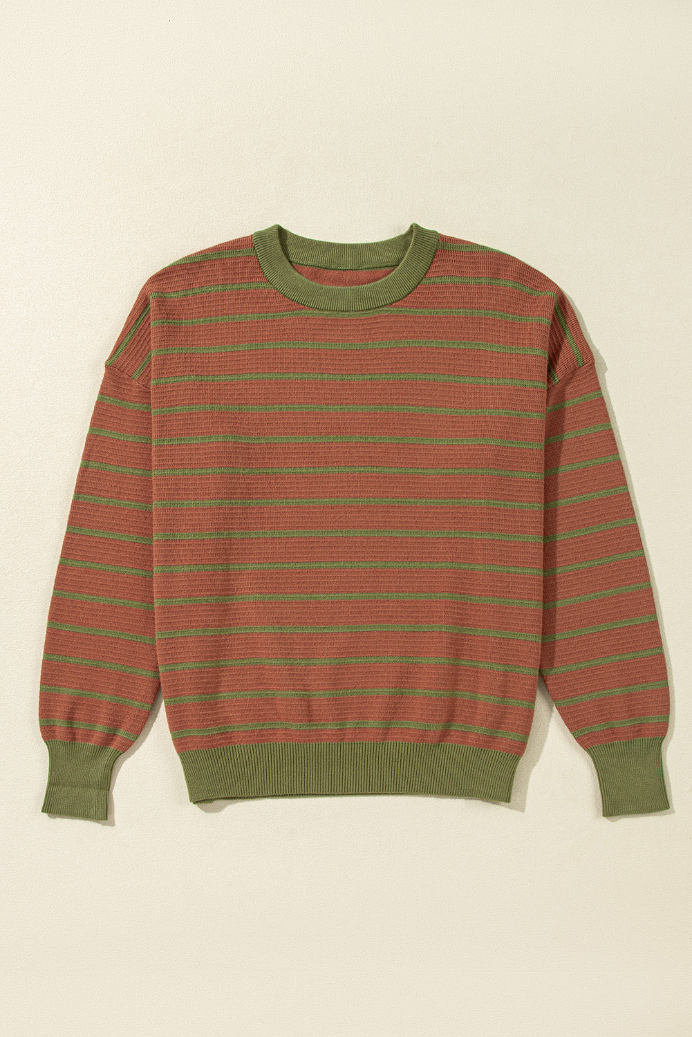 Brown Stripe Trimmed Round Neck Drop Shoulder Loose Sweater Sweaters JT's Designer Fashion