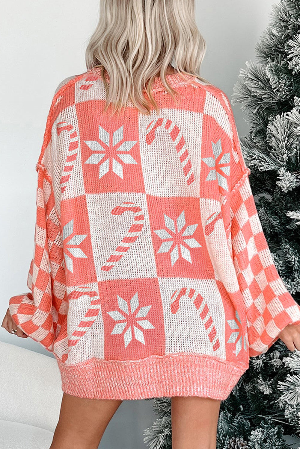 Pink Candycane Snowflake Checker Christmas Holiday Drop Shoulder Tunic Loose Sweater Sweaters JT's Designer Fashion
