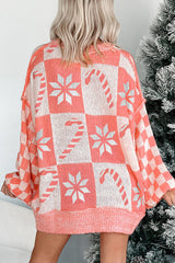 Pink Candycane Snowflake Checker Christmas Holiday Drop Shoulder Tunic Loose Sweater Sweaters JT's Designer Fashion