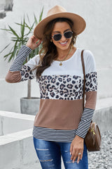 Brown Stripes Leopard Splicing Colorblock Long Sleeve Top Long Sleeve Tops JT's Designer Fashion