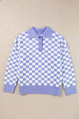 Purple Checkered Collared Buttons Plus Size Sweater Plus Size Sweaters & Cardigans JT's Designer Fashion