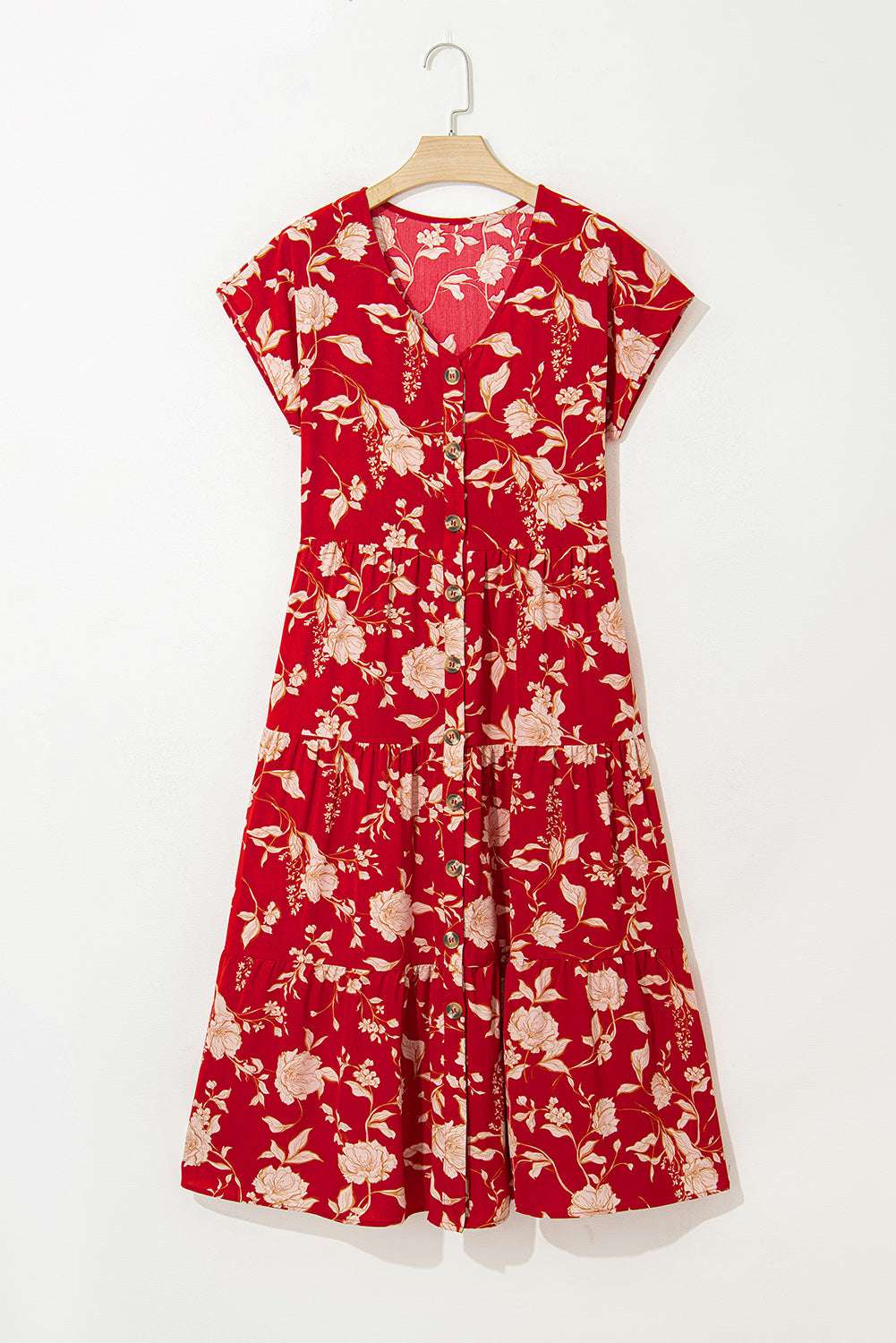 Red Floral Print Buttoned Front V Neck Tiered Short Sleeve Midi Dress Midi Dresses JT's Designer Fashion