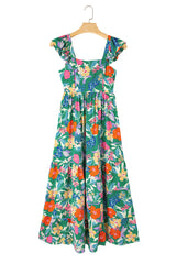 Green Floral Print Sleeveless Ruffle Tiered Maxi Dress Floral Dresses JT's Designer Fashion