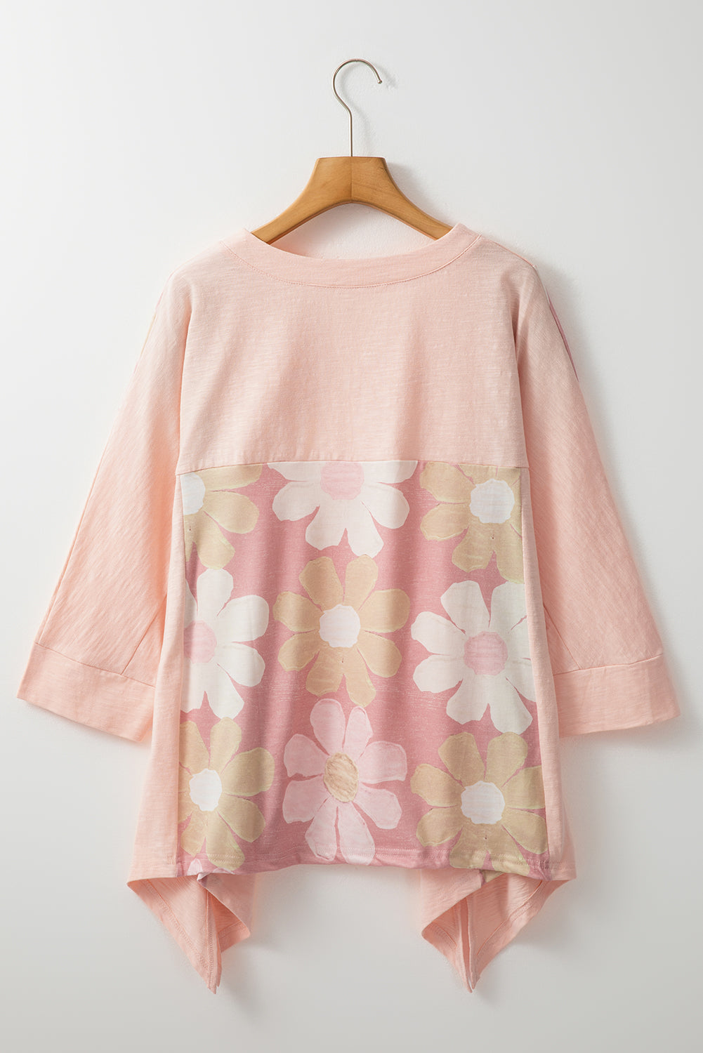 Pink Flower Patchwork Exposed Seam Oversized High Low Top Long Sleeve Tops JT's Designer Fashion