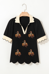 Black Contrast Scalloped Collar Cuffs Rodeo Patched Graphic Short Sleeve Top Graphic Tees JT's Designer Fashion