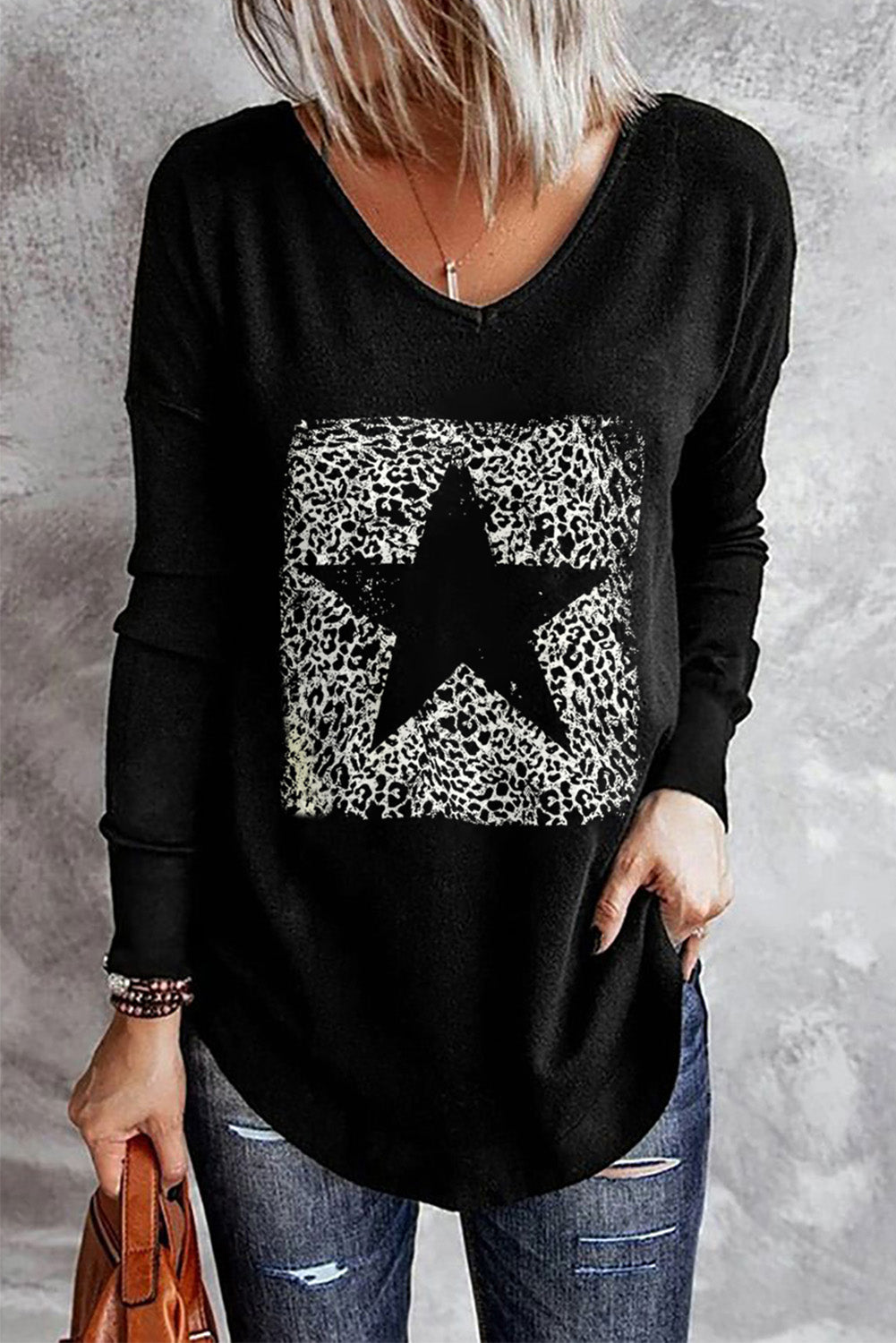 Black Star Print V Neck Long Sleeve Top Graphic Sweatshirts JT's Designer Fashion