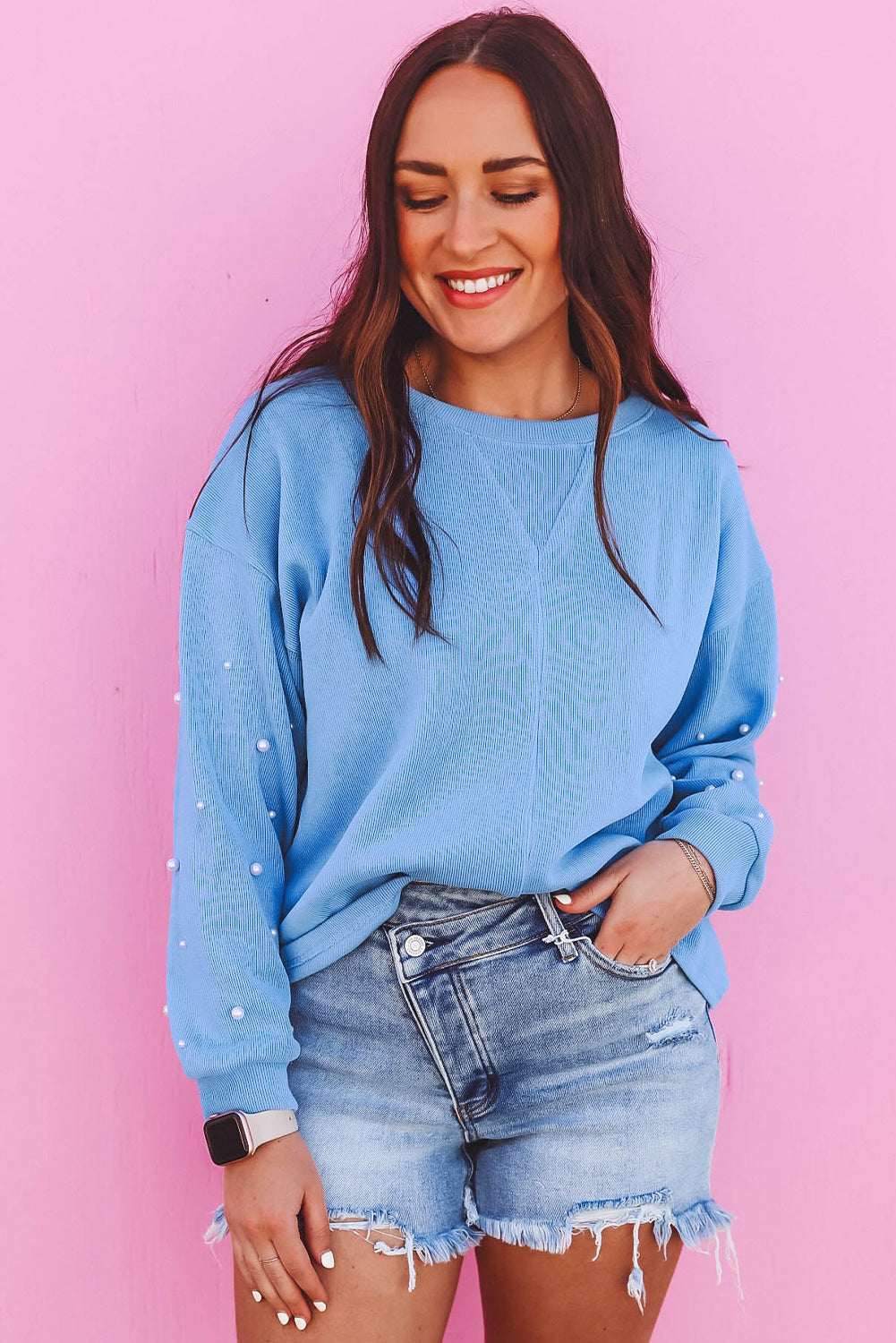 Myosotis Pearled Sleeves Drop Shoulder Round Neck Pullover Sweatshirt Sweatshirts & Hoodies JT's Designer Fashion